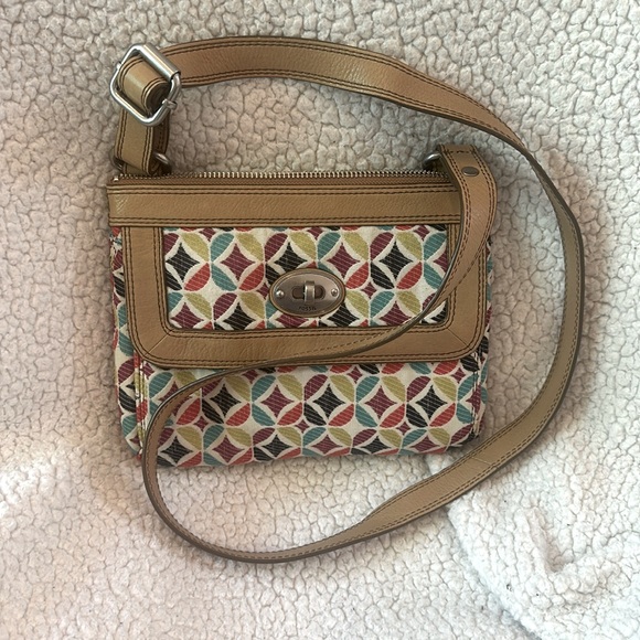 Fossil Multicolor Geometric Diamond Print Fabric Leather Small Crossbody Purse - Picture 2 of 8